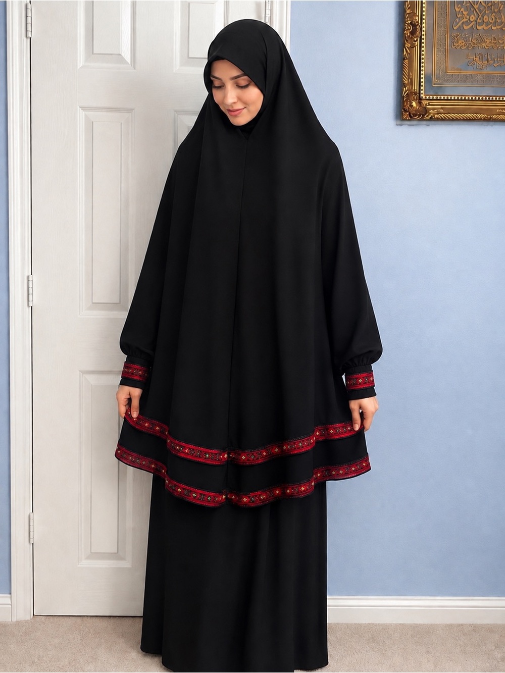 Women Black prayer garments with Red Embroidered Trim